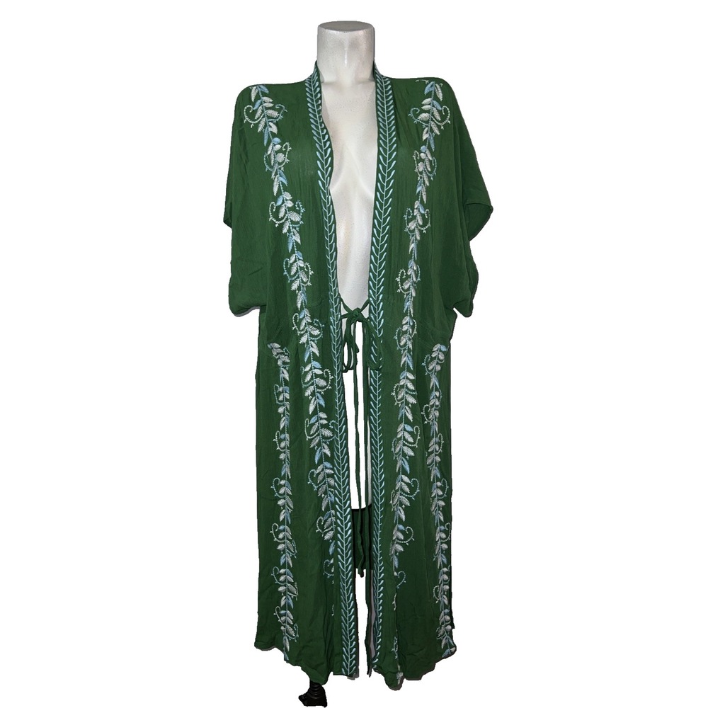 Curations Green Embroidered Viscose Duster Kimono Cardigan P2X NWT 688950